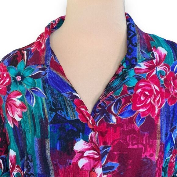 Vintage Bon Worth Shirt Colorful Pink Floral Abstract Color Block Short Sleeve - Picture 4 of 10